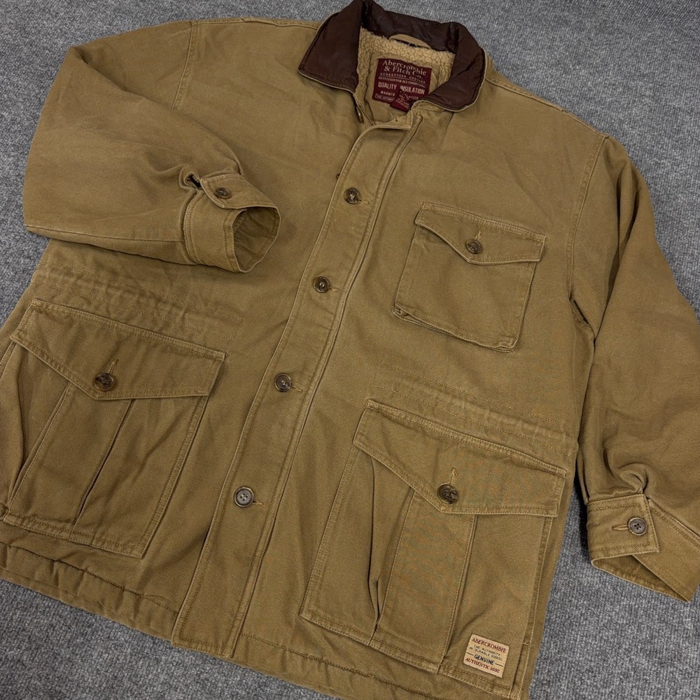 Vintage Abercrombie Fitch Jacket Mens XL Brown Leather Collar Lined Barn Chore